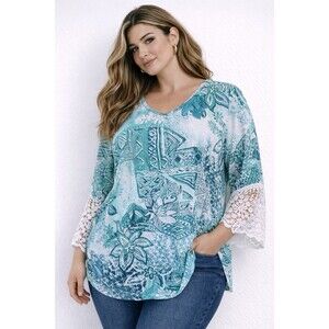 Stem & Vine Women’s 2X Teal Blue Boho Tunic Blouse Lace Sleeve Plus Size